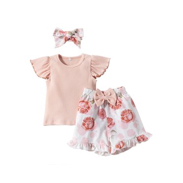 Honganda Bébé Fille Shorts Ensemble Manches Courtes Côte Tops Imprimé Floral Shorts Bandeau