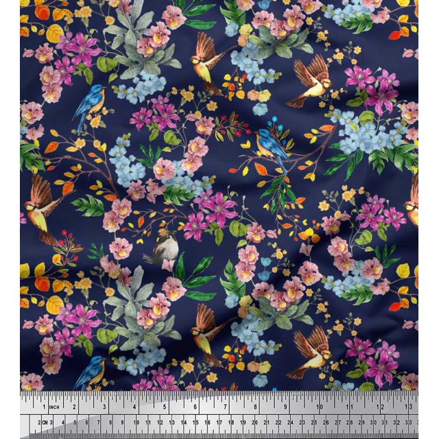 Soimoi Blue Polyester Crepe Fabric Floral,American Robin & Bluebird Bird Print Fabric by The Yard 52 Inch Wide