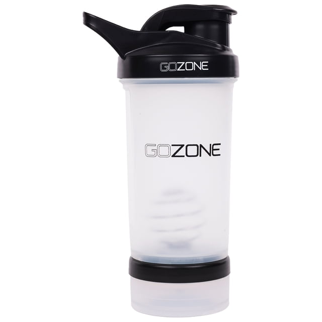 GoZone Bouteille Shaker Transparente avec Couvercle Noir Étanche et Bec Verseur, Dotée d'Une Bille Mélangeur Fouet Métallique et d'Un Porte-Suppléments Détachable à la base, Idéale pour les shakes Protéinés, les smoothies et l'Hydratation de Mise en Forme en Déplacement.