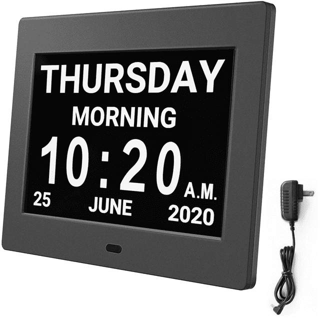 Digital Calendar Alarm Day Clock with 8-inch large screen display showing time, day, date, and period in bold white text on a black background. Designed for elderly users, it features 5 alarms, auto-dimming, battery backup, and support for multiple languages. Includes a power adapter.