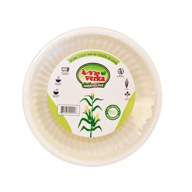 Verka Green Line Compostable 12 Oz Bowls, 20 pieces, stacked white disposable bowls wrapped in clear plastic with a circular label featuring the Verka logo, corn plant illustration, and icons indicating microwave safe, hot and cold food friendly, made from 100% natural plant starch bioplastic for eco-friendly disposable tableware.