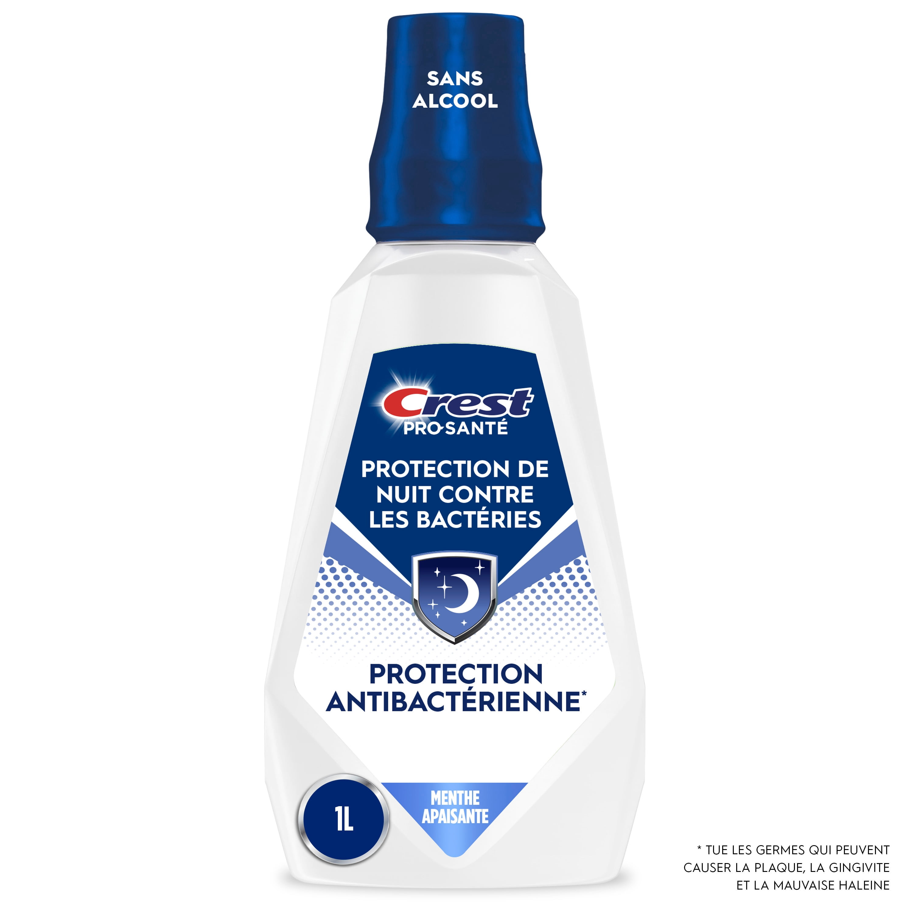 Rince-bouche Crest Pro-Santé Protection de nuit contre les bactéries, antibactérien pour une protection de nuit, sans alcool, antigingivite, antiplaque, Menthe apaisante, 1 L
