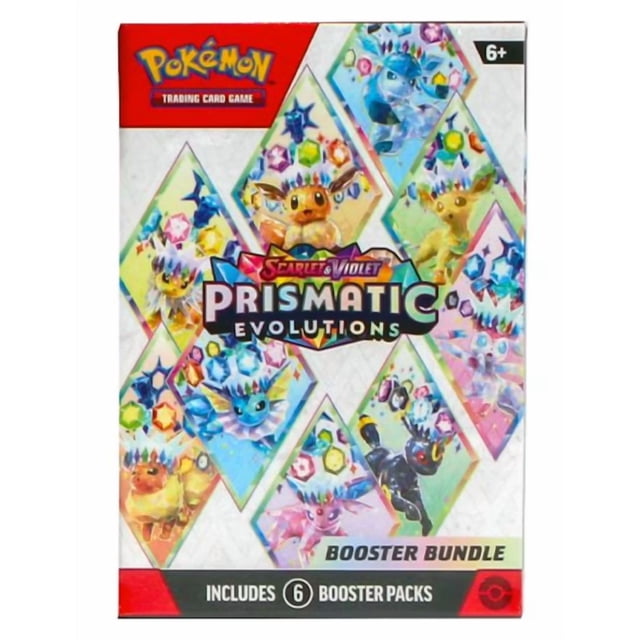 Pokemon TCG - Scarlet & Violet : Ensemble de Boosters Prismatic Evolutions Présentant un design Multicolore vibrant avec Eevee and its Evolutions, Incluant Vaporeon, Jolteon et Flareon, Affiché sur l'Emballage. Comprend 6 Paquets de Boosters, Chacun Contenant 10 Cartes TCG Pokemon. Convient aux 6 Ans et Plus.