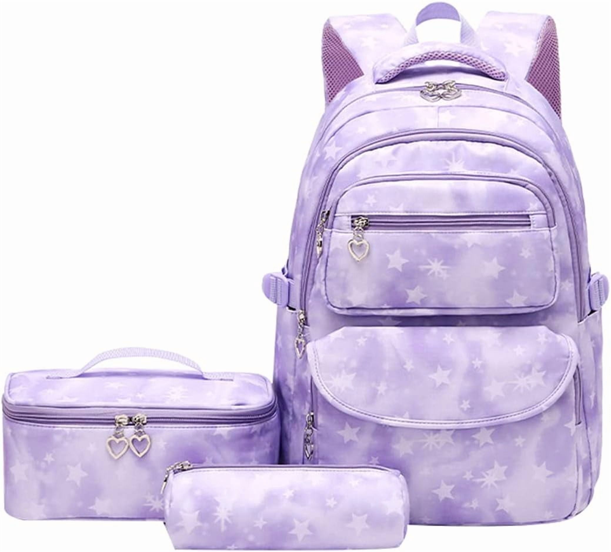 School Backpack Sets 3pcs Stars Prints Daypack Primary School Students with Insulated Lunch Bag and Pencil Case-purple-