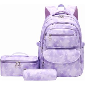 Ensembles de sacs à dos scolaires 3pcs Stars imprime Daypack Etudiants de l'école primaire avec sac à lunch isolé et boîtier de crayon-purple-