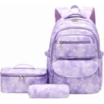 School Backpack Sets 3pcs Stars Prints Daypack Primary School Students with Insulated Lunch Bag and Pencil Case-purple-
