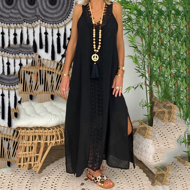 Pisexur Robe Sans Manches à Col en V pour Femme Mode Été Décontractée Robe Sans Manches à Col en V à Bretelles en Dentelle Robe Unie Robe pour Femme