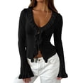 thumbnail image 2 of Women Ruffle Tie Front Cardigan Sweater Long Bell Sleeve Cropped Knit Sweater Top Black S, 2 of 7