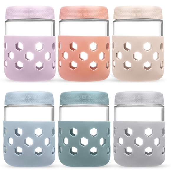 Mrsdry 6-Pack 16 oz Overnight Oats Containers with Lids and Silicone Sleeves, Glass Mason Jars with Airtight Lid, Dishwasher Safe, Wide Mouth Chia Seed Pudding Meal Prep Jar for Yogurt Berries Snack