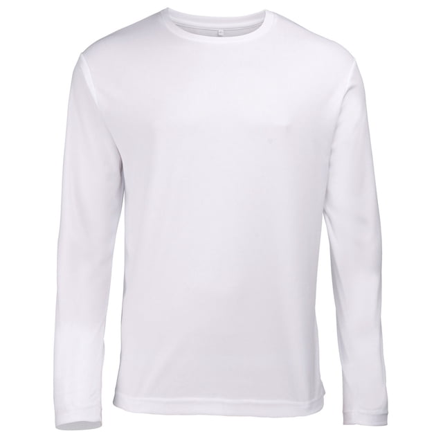 AWDis Just Cool Mens Long Sleeve Cool Sports Performance Plain T-Shirt in white, designed for athletic activities. Features a crew neck, set-in sleeve design, and Neoteric™ textured fabric for wickability. Made from 100% polyester with self-fabric collar, cuffs, and taped back neck. WRAP certified production.