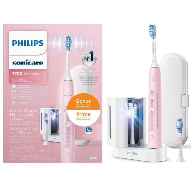 Philips Sonicare ExpertClean 7700 rechargeable electric toothbrush in pink with two brush heads, a white UV sanitizer charging base, and a white travel case, shown with packaging highlighting pressure sensor, four brushing modes, three intensity settings, BrushSync reminders, and Bluetooth for personalized oral care.