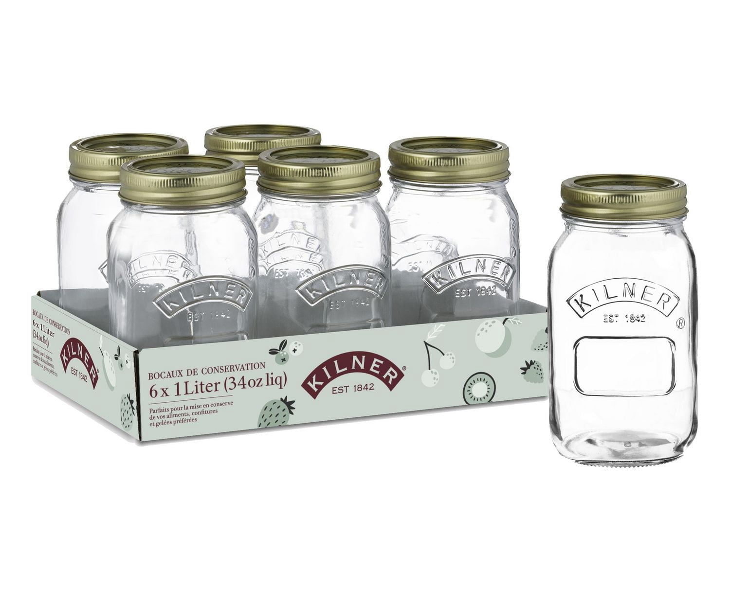 Kilner Pots mason en verre à ouverture régulière avec couvercles scellés, 1L