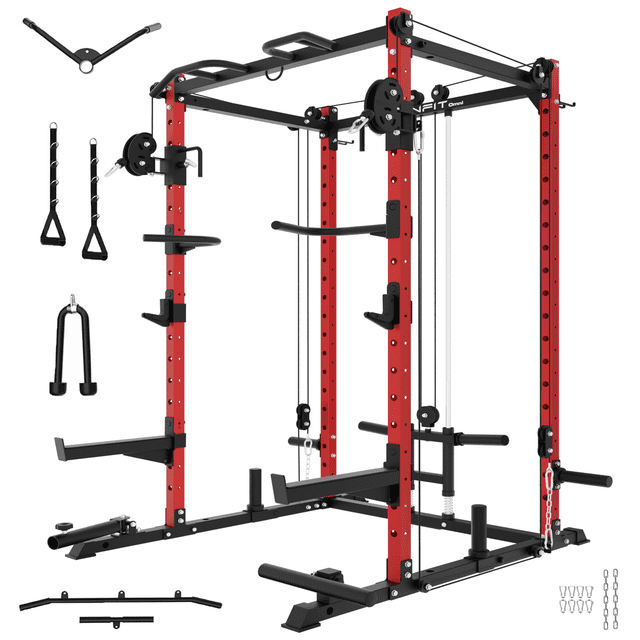 Eonfit E2 Power Cage,1500LB Squat Rack with Cable Crossover System.Multi-Function Power Rack for Home Gum.All-in-One Squat Rack with More Training Attachments(E2 RED))