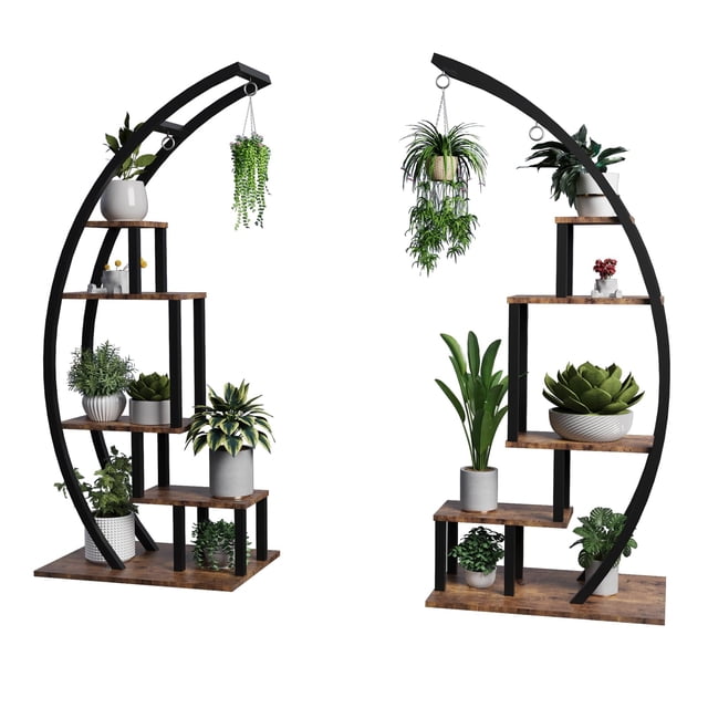 Yiwa Plant Stand Indoor 2 Pack, 5 Tier Half Moon Plant Shelf, Tall Metal Large Plant Stands, Stylish Tiered Flower Storage Rack for Multiple Plants Hanging Display, Space-Saving