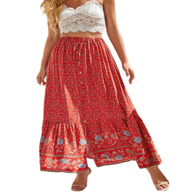 Womens Summer Fall Boho Floral Half Skirt High Waist A-Line Front Button Ruffle Beach Maxi Skirt S-XL