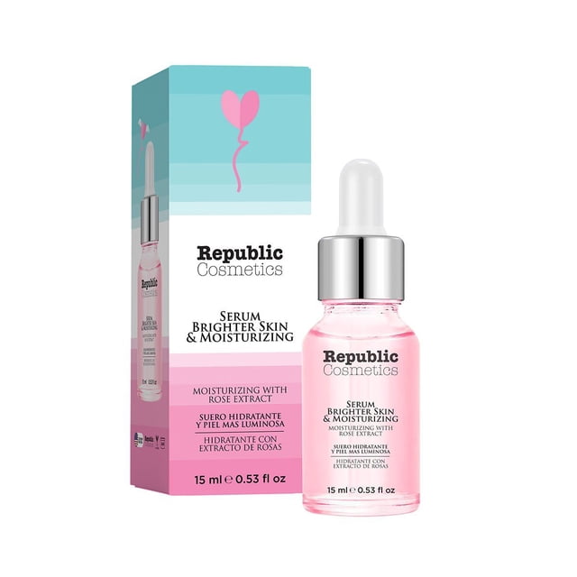 Republic Cosmetics Sérum facial Hydratant et Blanchissant à l'Extrait de rose, Présenté en Bouteille de 15 ml avec Compte-Gouttes et Liquide rose. l'Emballage Met l'Accent sur les Bienfaits Hydratants et l'Extrait de rose, avec une Image de Marque Clairement visible.