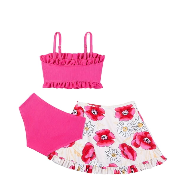 Sunnyoo Big Girls 3-Piece Swimsuit Cute Ruffle Bikini Set & Skirt Swimwear, Sizes 3-12
