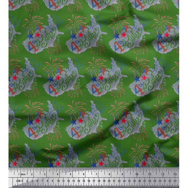 Soimoi Green Poly Georgette Fabric Text,Star & Firecrackers Party Printed Craft Fabric by the Yard 42 Inch Wide