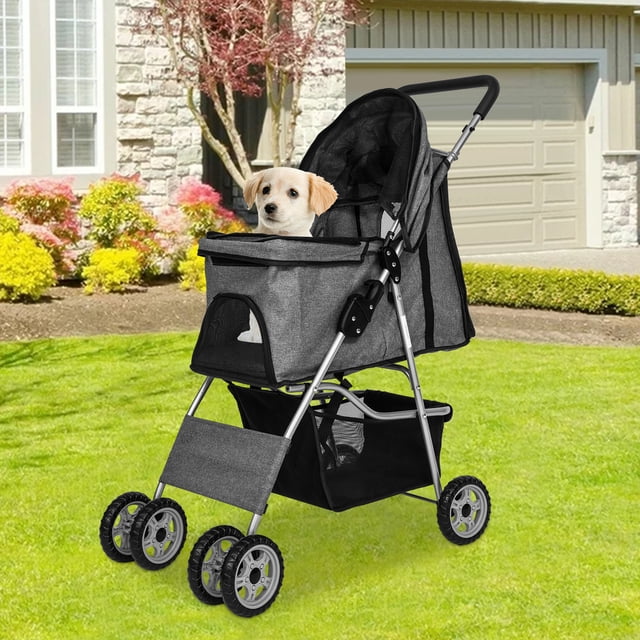NiamVelo Poussette pour Chien à 4 Roues, Poussette Pliable pour Animal, Poussette pour Chien et Chat, Poussette de Voyage Pliante Légère avec Porte-Gobelets et Panier de Rangement pour Petits et Moyens Chiens, Gris