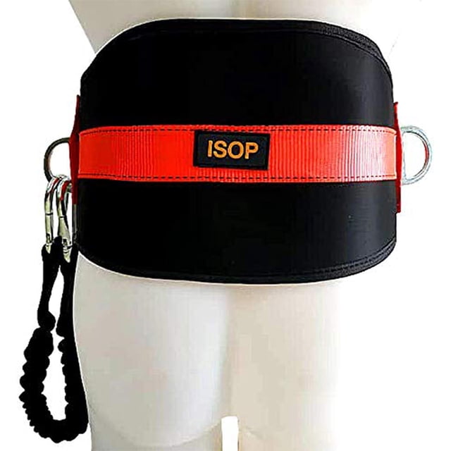 Safety Belt with Hip Pad featuring 2 D-Rings and a stranded size, designed for climbing protection and body positioning. Made from high-quality polyester fiber, this belt is durable, adjustable, and includes a sliding back D-ring for secure fastening. The black and red belt has slotted buckles on the waist and leg straps to prevent twisting. It comes with a lanyard, carabiner, and extra-long rope, suitable for activities like rock climbing, tree climbing, fire rescue, and ladder climbing. Compact and lightweight, it fits waists up to 44 inches.