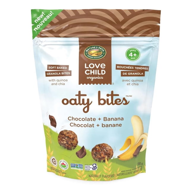 E-LOVE CHILD LCO OB CKBNSNKBT100G soft baked granola bites with quinoa and chia in chocolate and banana flavor by Love Child Organics, gluten-free baby snack for children 4 years and older, 100g resealable bag featuring organic ingredients and suitable for lunchboxes or on-the-go snacking.