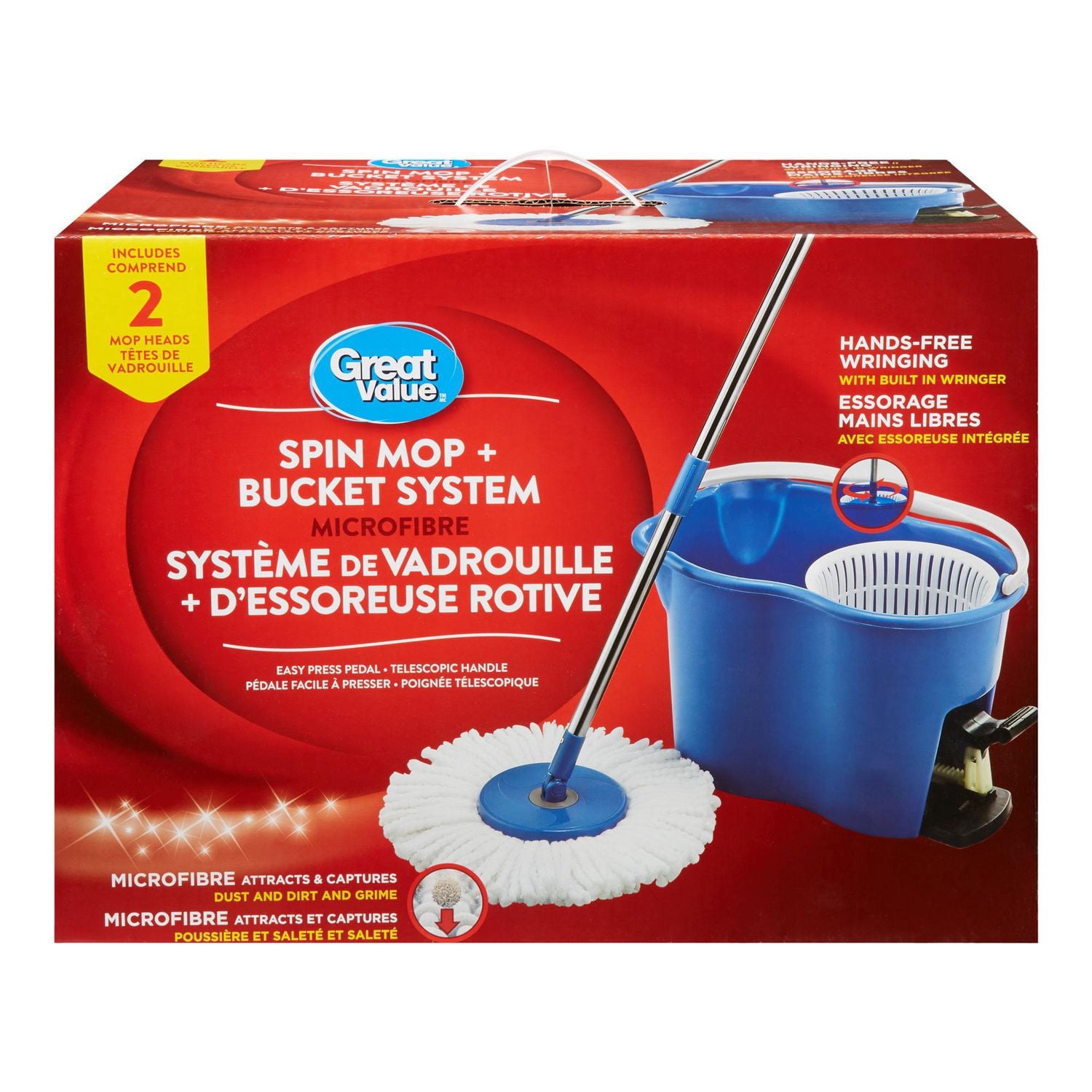 Great Value Spin Mop & Bucket System with 2 Mop Heads