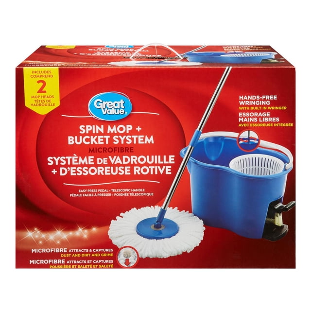 Great Value Spin Mop & Bucket System with 2 mop heads featuring a blue bucket with built-in wringer and a white microfibre mop head on a telescopic handle, designed for hands-free wringing with an easy press pedal, suitable for attracting and capturing dust, dirt, and grime on floors.