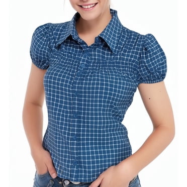 GPOECD Women's Casual Plaid Print Short Sleeve Snap Button Western Style Shirt Comfortable Breathable Top For Party Daily Wear Blue，S