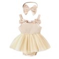 thumbnail image 1 of MIASHUI Girls Sleeveless Rib Romper Skirts with Bowknot Headbands Outfits,Beige,6-12 Months, 1 of 9