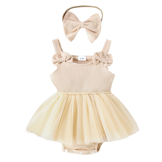 MIASHUI Girls Sleeveless Rib Romper Skirts with Bowknot Headbands Outfits,Beige,6-12 Months