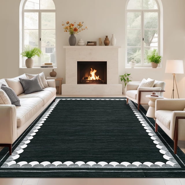 Washable Area Rug 9x12ft – Soft Non-Slip Low Pile Carpet with Modern Border Design, Solid Black – Large Rug for Living Room, Bedroom and Dining Room