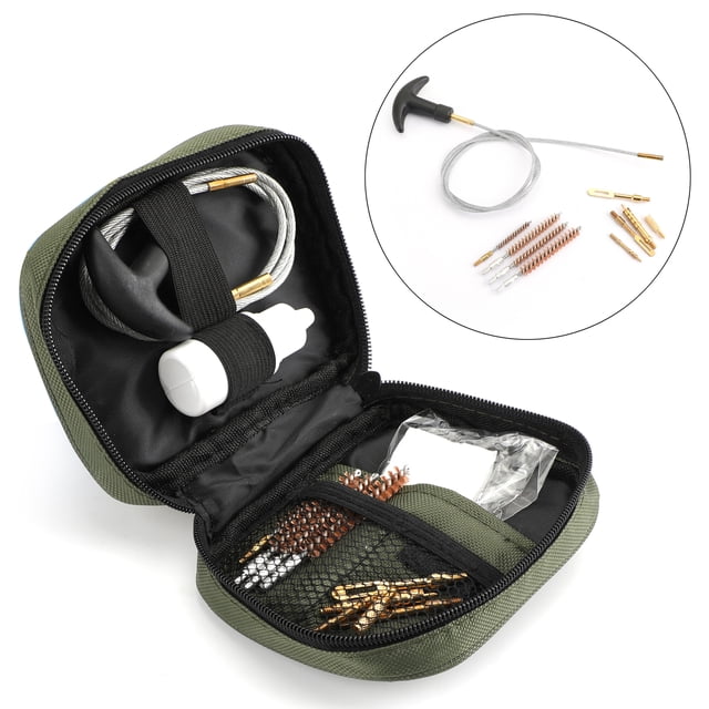 Gun Cleaning Kit for .17 .22 .270 .300 Calibre, featuring a compact and durable design with metal and nylon components. Includes pull-through cables, cleaning brushes, and accessories stored in a green zippered pouch. Ideal for maintaining rifles and other firearms, as well as for use in hobbies and crafts.