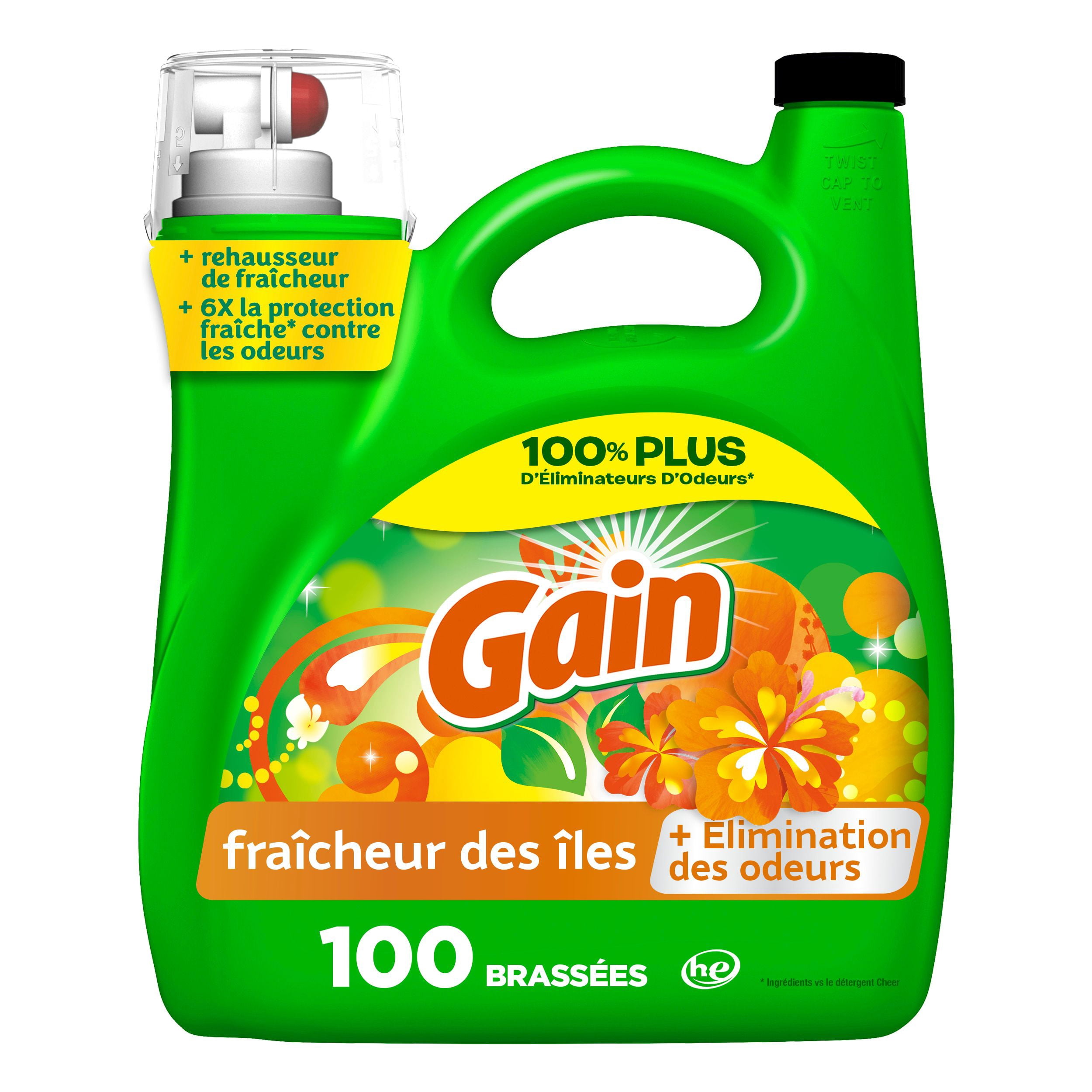 Gain Détergent Liquide à Lessive, Parfum Fraîcheur des Îles, Fraîcheur + Élimination des Odeurs, Savon Nettoyant Liquide pour Laveuse Haute Efficacité, 4.25 Litres, 100 Brassées