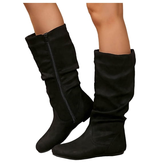 Womens Slouch Mid Calf Boots with Side Zipper Winter Fall Casual Suede No Heel Short Dress Boots for Ladies