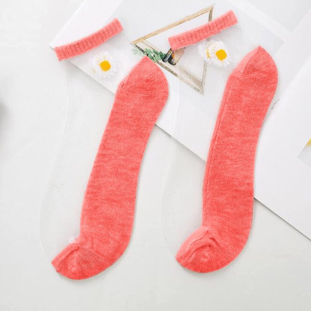 Up To $10 Socks Red 5PC Women Casual Cute Little Daisy Mesh Splice Breathable Short Socks