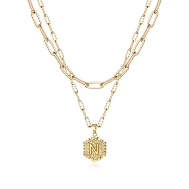 Colliers à Initiale Superposés pour Femmes, Collier Chaîne Trombone Simple Mignon Pendentif Lettre Hexagone Collier Ras-du-Cou à Initiale Colliers Superposés Dorés pour Femmes,NGold