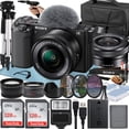 thumbnail image 1 of Sony Alpha ZV-E10 Mirrorless Vlog Camera With 16-50mm Lens + Two Pack 128GB Memory Card + Flash + Tripod + Case + A-Cell Mobility Accessory Bundle (Black), 1 of 1