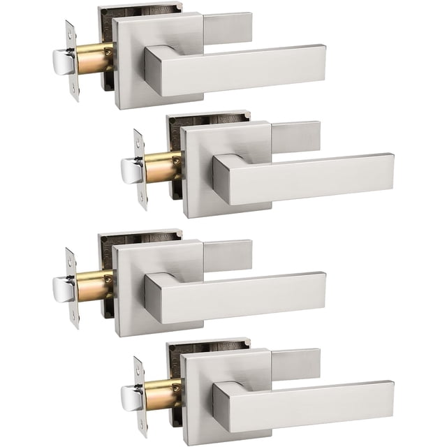 Brushed Nickel Door Handle Interior Privacy Door Lock Bed and Bath Door Lock with Square Rose Modern Keyless Door Lock Handle Reversible for Left & Right