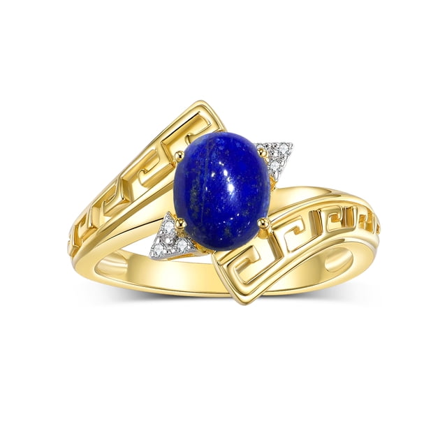 RYLOS Rings for Women 14K Yellow Gold Greek Key Designer Ring 9X7MM Gemstone & Diamond Ring September Lapis Jewelry Size 7