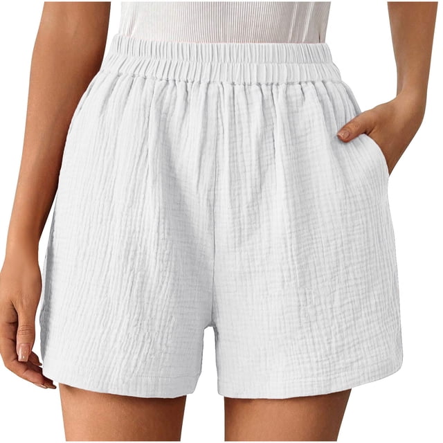 Timegard Womens Shorts Summer Casual Straight Leg Elastic Waist Solid Color Comfy Shorts with Pockets