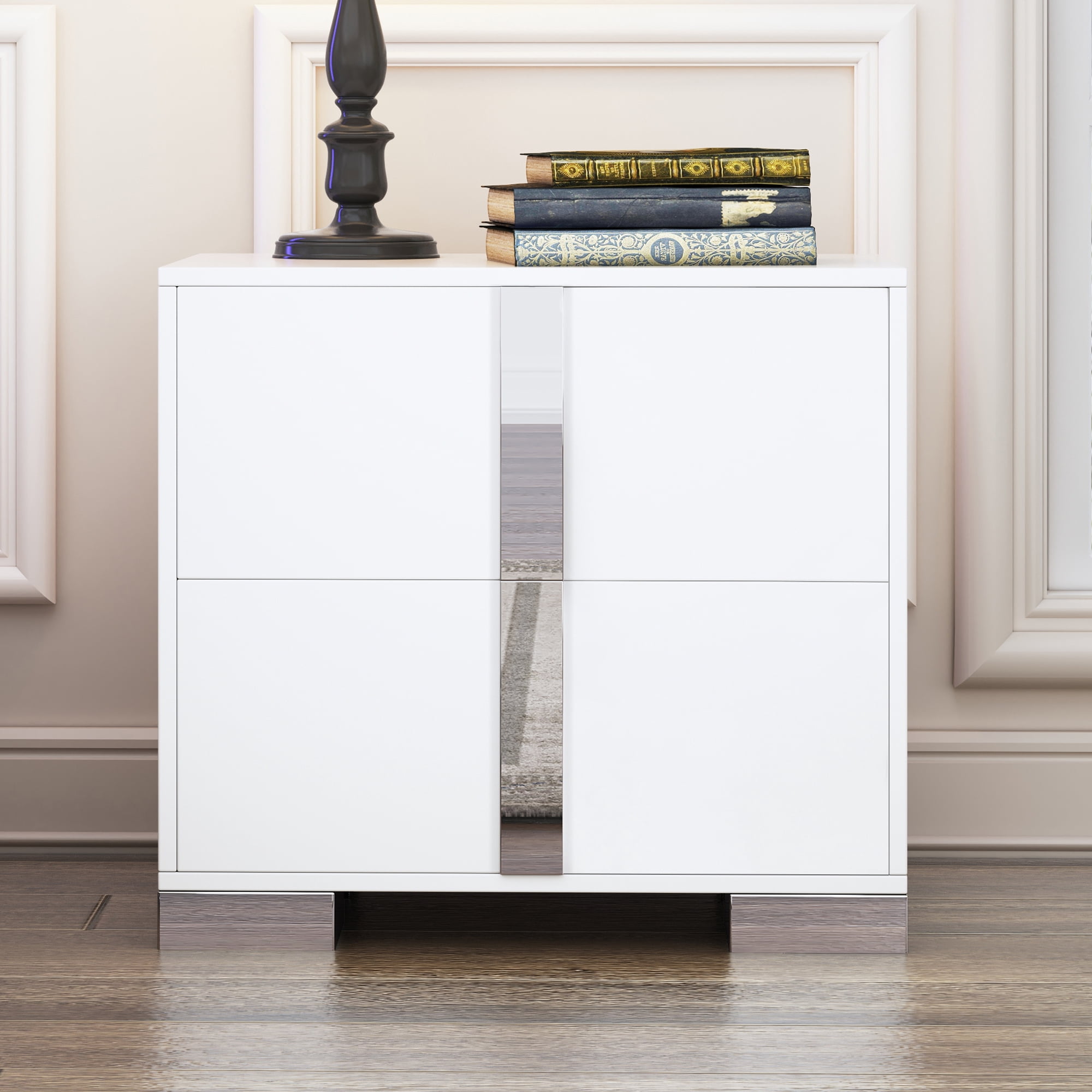 Noble House Elegant Nightstand with Metal Foot, Mirrored Bedside Table, White
