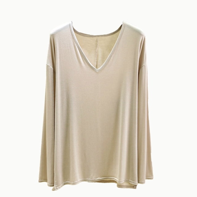 MeetoTime V Neck Long Sleeve Shirts for Women Comfortable Loose Tops Solid Color Lounge Tops Pullover