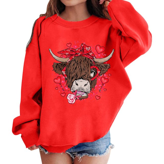 PMVFHDE Chandail Personnalisé Filles Mode Décontractée Col Rond Sans Capuche Manches Longues Imprimé Saint-Valentin Rouge, 4-5 Ans