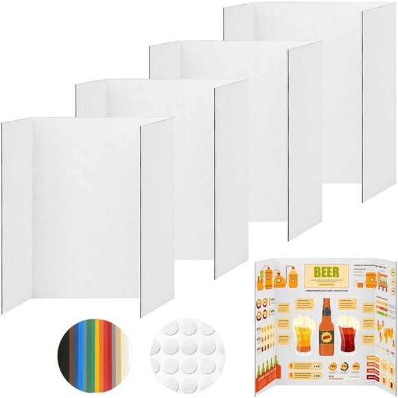 4 Pcs Trifold Poster Board, White Poster Board Comes with Sticky Accessories, Corrugate Presentation Boards M