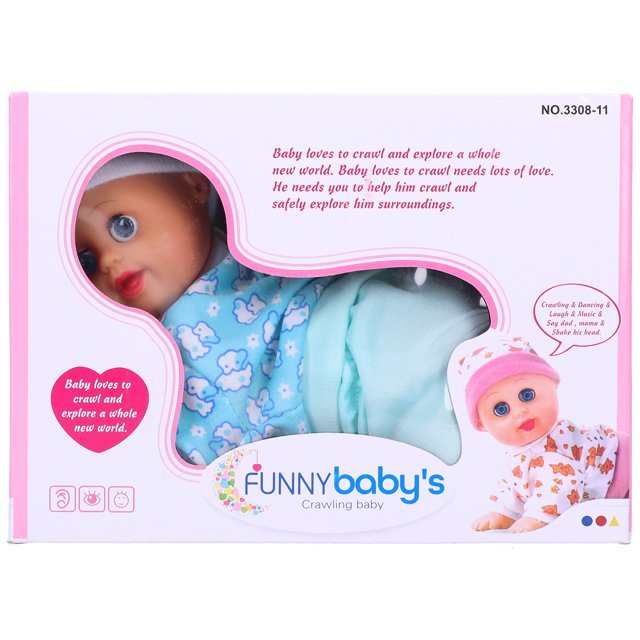 Poupée Intelligente Électrique, Poupée Bébé Rampante Électrique avec Fonctions Interactives, Emballée dans une Boîte Colorée avec Texte Ludique et illustrations. Conçue pour les Enfants de 3 Ans et Plus, en Matériau ABS, et Alimentée par des Piles AA (Non Incluses). Inclut un Accessoire Foulard Aléatoire. la Poupée Peut Rire, Parler, Chanter et Ramper, Offrant des Mouvements Réalistes et des modes de Jeu Engageants. Convient comme Jouet Éducatif et Cadeau d'Anniversaire pour Enfants.