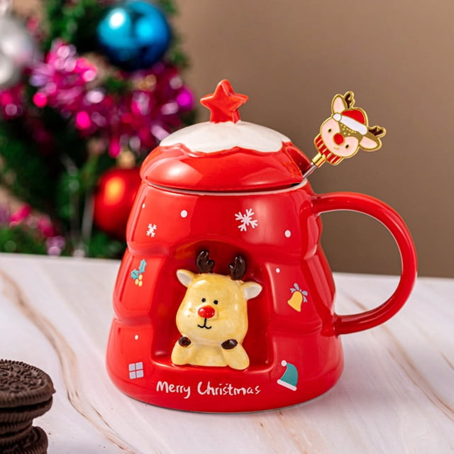 Vaidha Christmas Ceramic Mug Cute With Spoon Lid Large Capacity Household Ceramic Water Cup