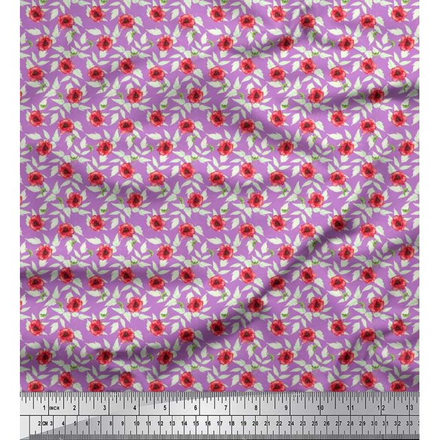 Soimoi polyester Crepe Fabric Leaves & Poppy Floral Decor Fabric Printed Yard 52 Inch Wide
