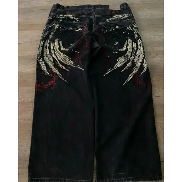 Pantalon de Planche à Roulettes Années 90 Nouveau Taille Haute en Denim Motif JNCO Rétro Poches Extra Larges Jeans Amples Gothique Pantalon à Jambe Grand Mode Urbaine