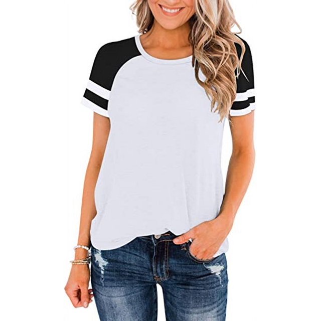Nouveau Col Ras du Cou T-Shirt Manches Courtes Top Casual Couleur Bloc Blouse Femmes