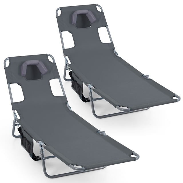 Gymax 2PCS Tanning ChairFolding Beach Lounge Chair w/5-Position Adjustable Backrest Gray